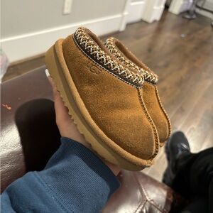 UGG Tan Suede Slip-Ons with Patterned Trim